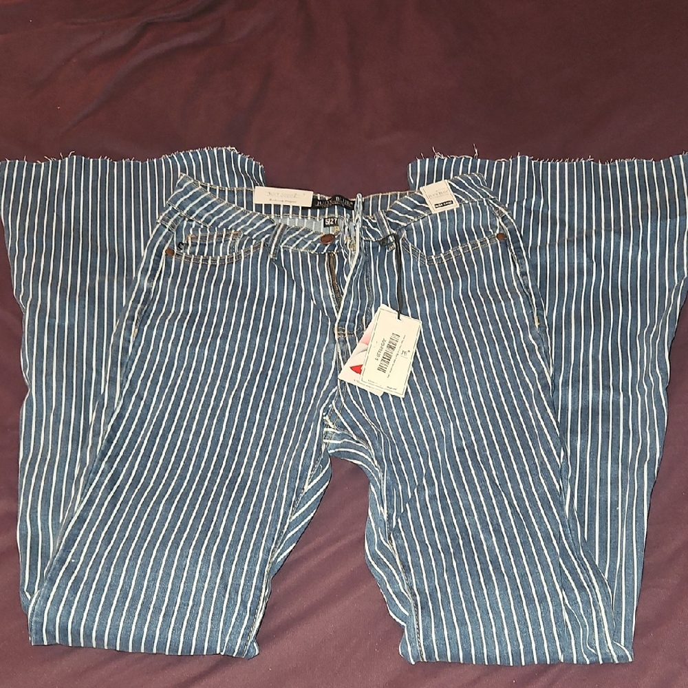 Judy Blue Blue & White Pinstripe Flare Jeans